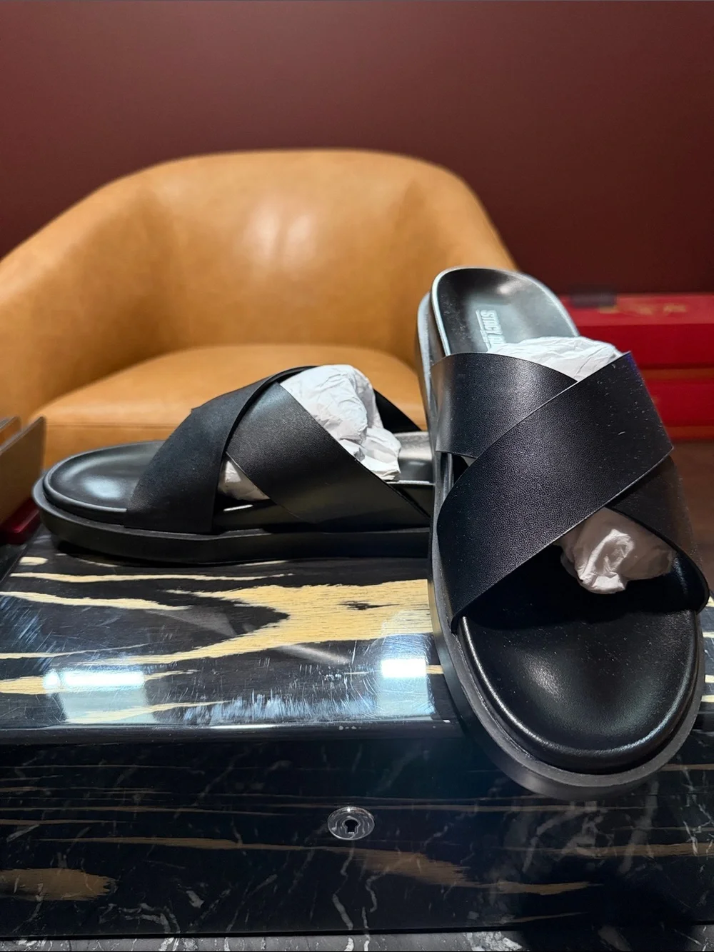 Stacy Adams Men's Black Crisscross Leather Slide Sandals